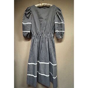 Women's Vintage Midi A-Line Dress Puff Sleeve Elastic Waist Striped Gray Size 12